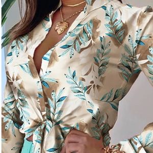 Tropical Print Long Sleeve Button Up Blouse Beige W/ Turquoise Flowers NEW [79]
